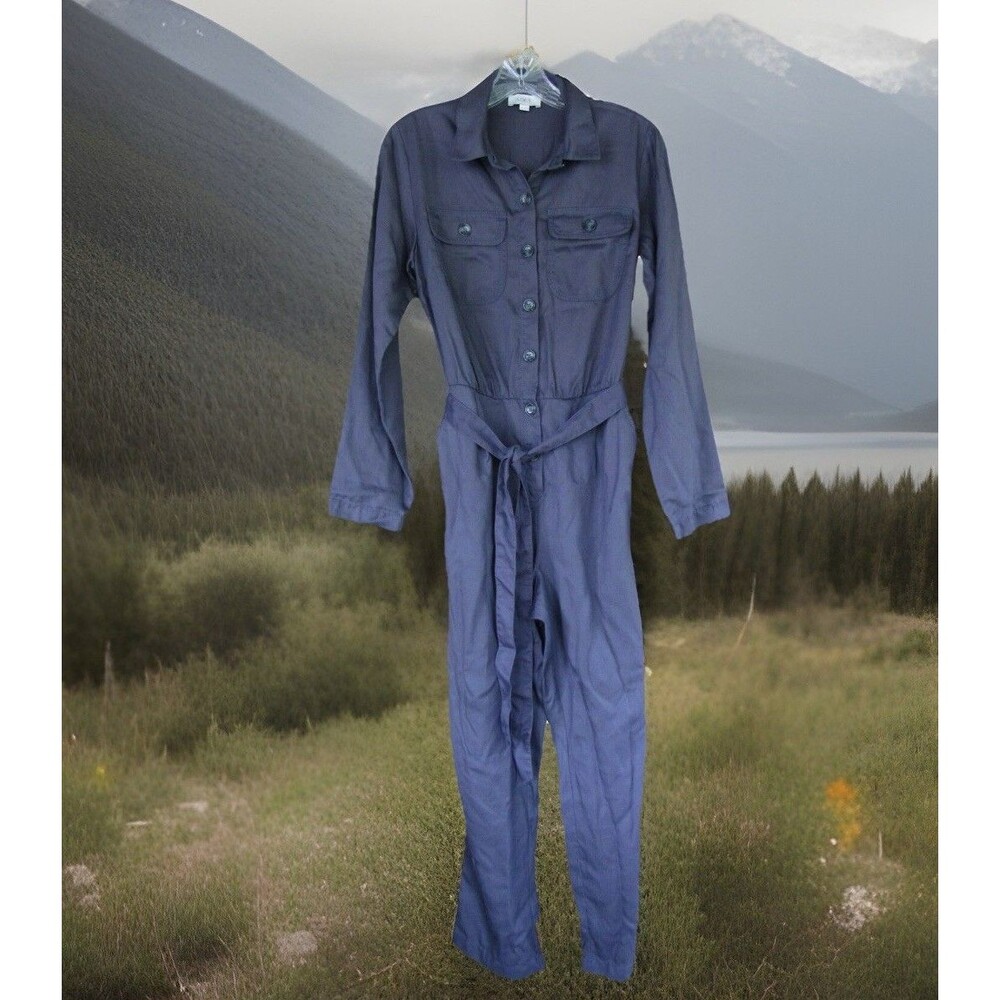 Womens XS Long Sleeve Jumpsuit Gray Blue LOFT Minimalist Utility Gorpcore Button